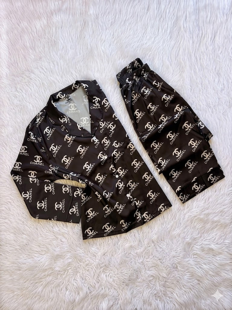 Chanel black silk satin Luxury pj set