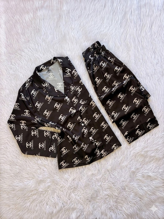 Chanel black silk satin Luxury pj set